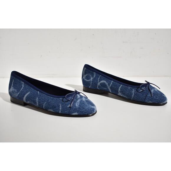 Chanel 23B Printed Denim Blue White CC Logo Bow Tie Ballet Ballerina Flat 38 - Picture 4 of 12